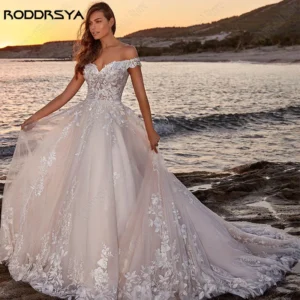 RODDRSYA Appliques Off Shoulder Wedding Dresses A-line Tulle Sweep Train Beach Bridal Gowns Back Buttons vestidos de novia playa