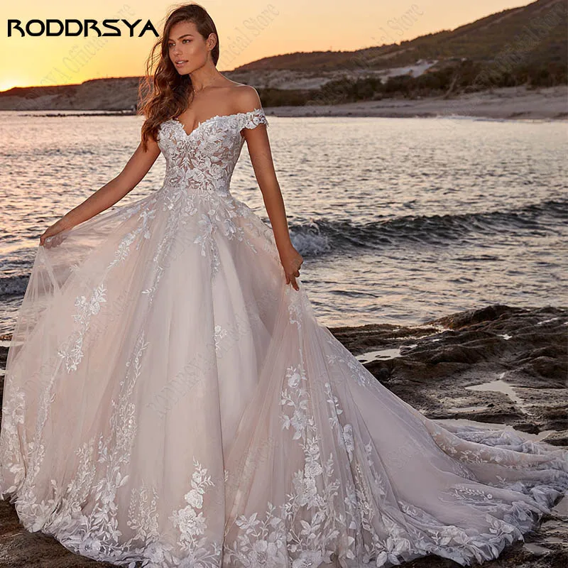 RODDRSYA Appliques Off Shoulder Wedding Dresses A-line Tulle Sweep Train Beach Bridal Gowns Back Buttons vestidos de novia playa