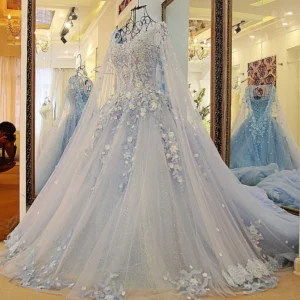 Wedding Dress Prom Gowns Romantic Sky Blue 2025 Vestido De Noiva Lace Appliqued Pearls Ball Gown with Long Cape Custom Made