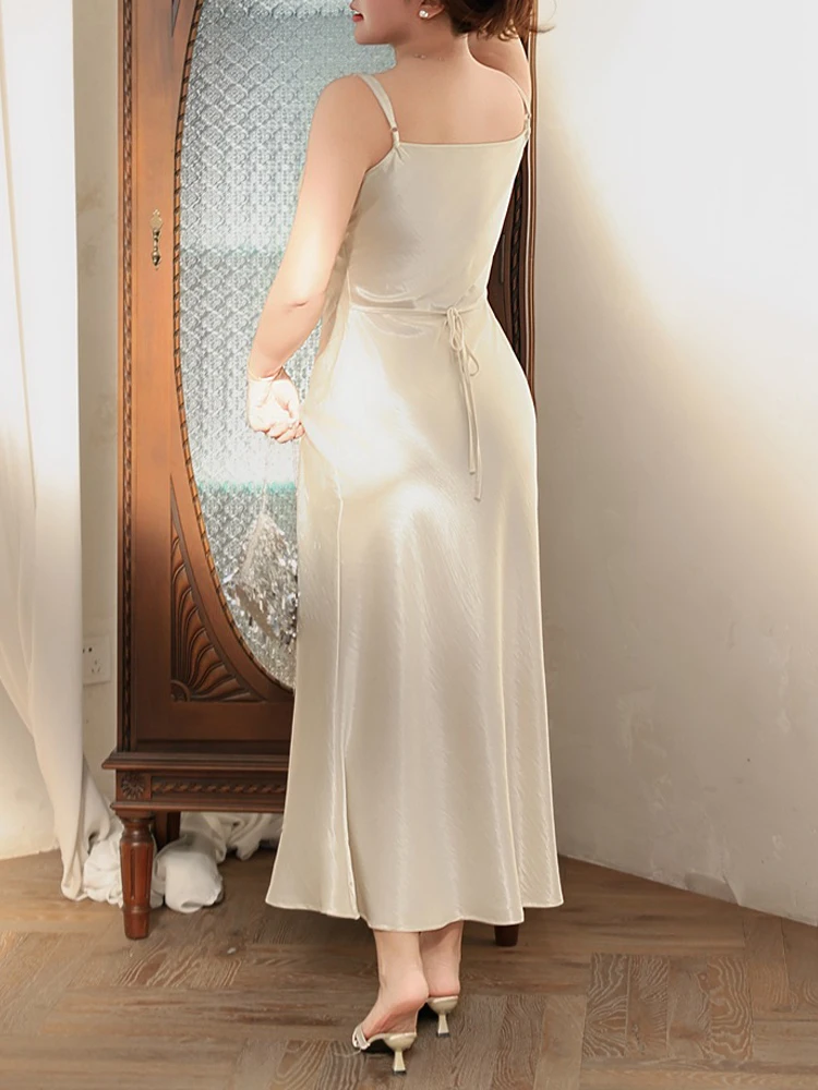 Satin Sexy Slim V-neck Women Mermaid Dress Plus Size 2025 Autumn French Premium Spaghetti Strap Fishtail Long Dress – Image 6