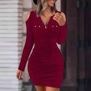Sexy Wrap Buttocks Dress Women Sheath Dresses Zipper Spliced Solid Long Sleeve Hollow Out Vestidos Slim Fit 2025 V Neck