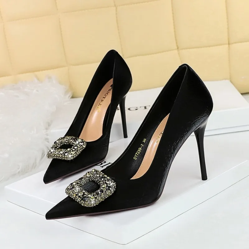 BIGTREE Sexy Classic High Heels Women Pumps Wedding Rhinestone Silk 9.5CM Thin Heels Sexy Office Ladies Slip on Shoes Woman
