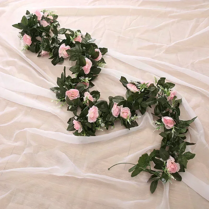 Vine Hanging Silk Artificial Rose Flowers for Wall Fake Plants Leaves Garland Romantic Wedding Home Decoration – Image 5