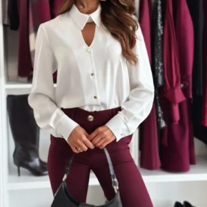 Women's Blouses Trend 2024 Versatile Casual Solid Color Long Sleeved Lapel Hollow Button Shirt Top Commuting Daily Women's Shirt