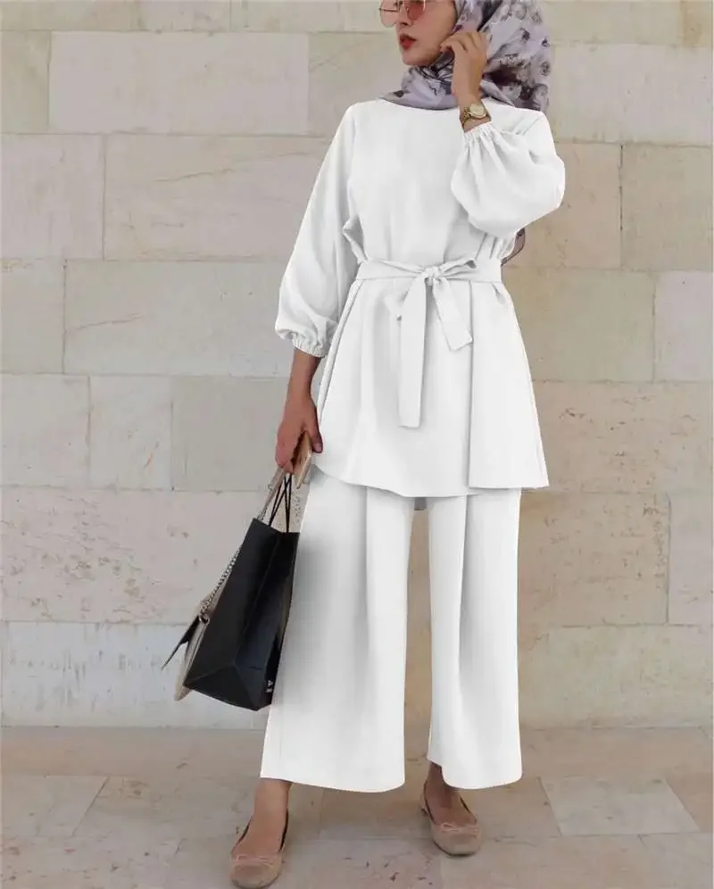 Ramadan Muslim Set Long Sleeve Belted Casual 2 Piece Suit Women Islam Clothing Turkey Dubai Abaya Kaftan Dress Outfits Tops Pant – Image 5