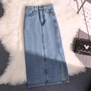 Women Distressed Denim Skirt Spliced Wrap Buttocks Skirts High Waist Washed Solid Ankle Length Zipper Fly Pockets Casual
