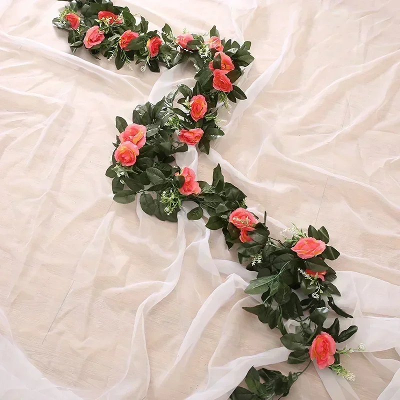 Vine Hanging Silk Artificial Rose Flowers for Wall Fake Plants Leaves Garland Romantic Wedding Home Decoration – Image 6