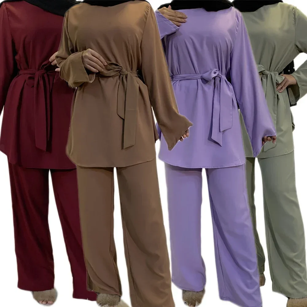 Two-pieces Muslim Abaya Turkish Tops Pants Vetment Femme Hijab Dress Abayas For Women Caftan Kaftan Islam Clothing Djellaba Robe