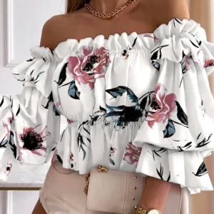Women Pullover Shirts Butterfly Sleeve Blouses Print Blouse Slash Neck Loose Fit Spliced 2025 Slight Strech Summer Casual