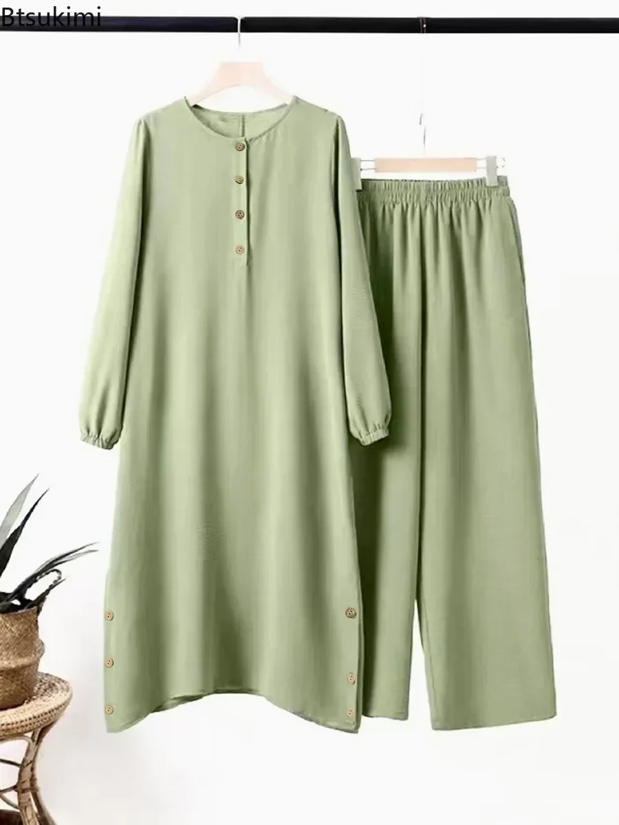 Arab Women Blouse Muslim Fashion Matching Sets Women's Elegant Tracksuit Casual Solid Shirt+Wide Leg Pants Suit Modest Clothing – Image 5