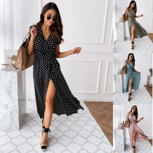 Print Dresses Women V Neck Short Sleeve Dress Ankle Length Loose Fit High Waist Beach Summer 2025 Bohemian Slight Strech