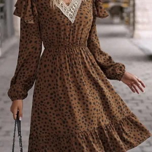 Elegant Women's Dresses Casual Fashion V-Neck Lace Pleated Long Sleeve Dress High Waist Polka Dot Print Urban Women's Midi Dress