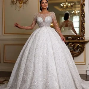 Customized Luxurious Beaded Long Sleeve Wedding Dress Romantic 2025 Elegant Bridal Dress Floor-length Dress Vestidos De Novia
