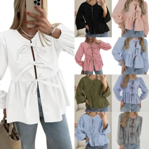 Women Shirt Casual Tops Striped Plaided Blouses Lace-up Shirts Slim Fit Casual Streetwear Top Elegant Splice Solid Blouses 2025