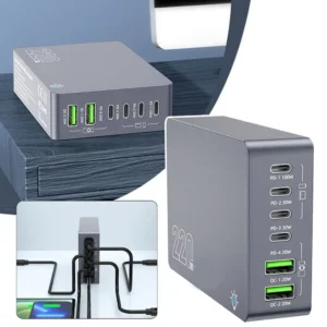 220W GaN Desktop Charger 6-Ports PD 100W USB Type C QC 3.0 Fast Charging Station For IPhone 16 Pro Tablet Laptop