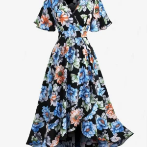ROSEGAL Plus Size Colorful Flower Print Surplice Ruffles A Line Casual Dress