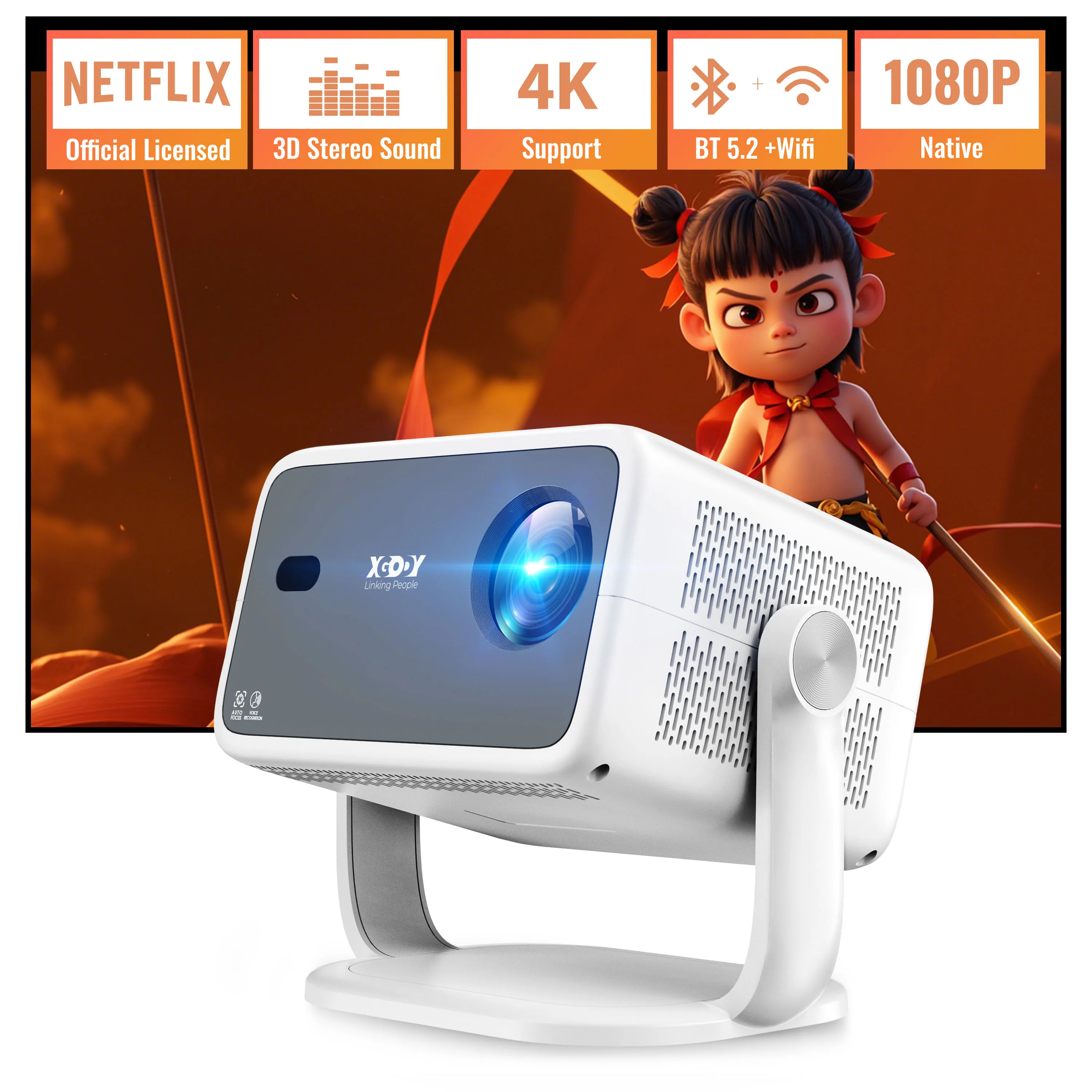 XGODY Netflix Official 4K Supported Smart projector 650 Ansi AI Voice Recognition Auto Focus & Keystone Projector for Home Movie