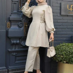 2 Piece Set for Muslim Women Long Sleeve Lace Up Tops and Pants Sets Turkey Abaya Islamic Solid Outfits Arab Kaftan Tracksuit