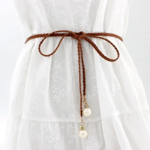 Pearl Waist Chain for Women Elegant Vintage Imitation Leather Slim Belt with Knot for Women for Party Dresses Pants