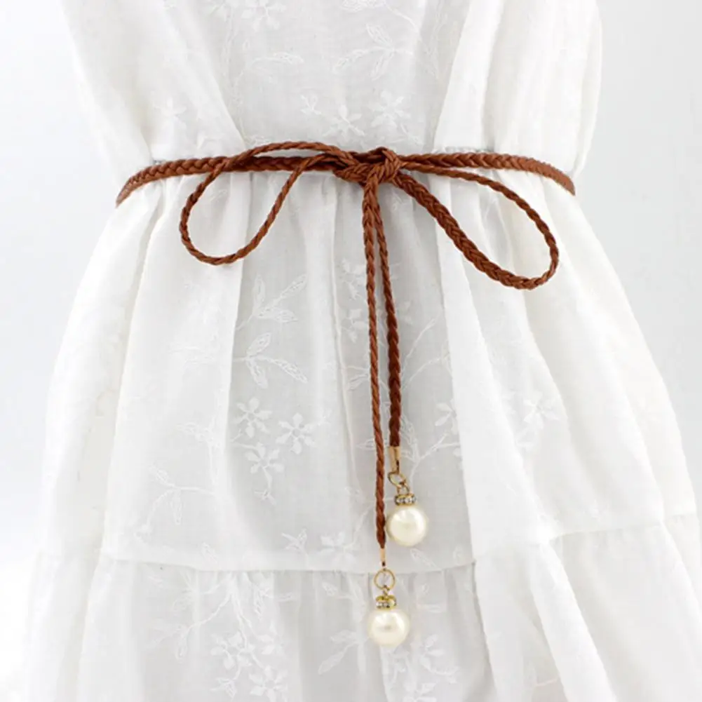 Pearl Waist Chain for Women Elegant Vintage Imitation Leather Slim Belt with Knot for Women for Party Dresses Pants