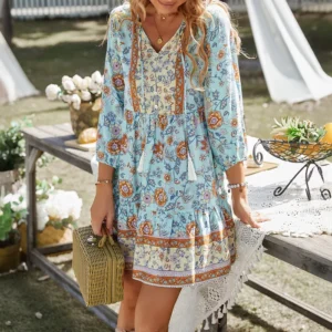 Women's Holiday Dress 2025 Spring Summerlleisure Bohemian Vacation Style Printed Loose Mini Dress Beach Straight Short Skirt