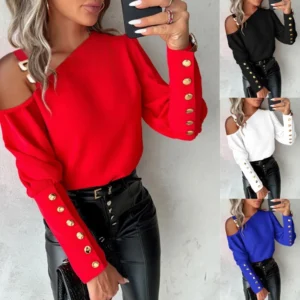 shirt Women Blouse off-shoulder Button Long Sleeve Sexy Autumn Spring Top Vintage Shirts Casual Office Lady Tops 2025 streetwear