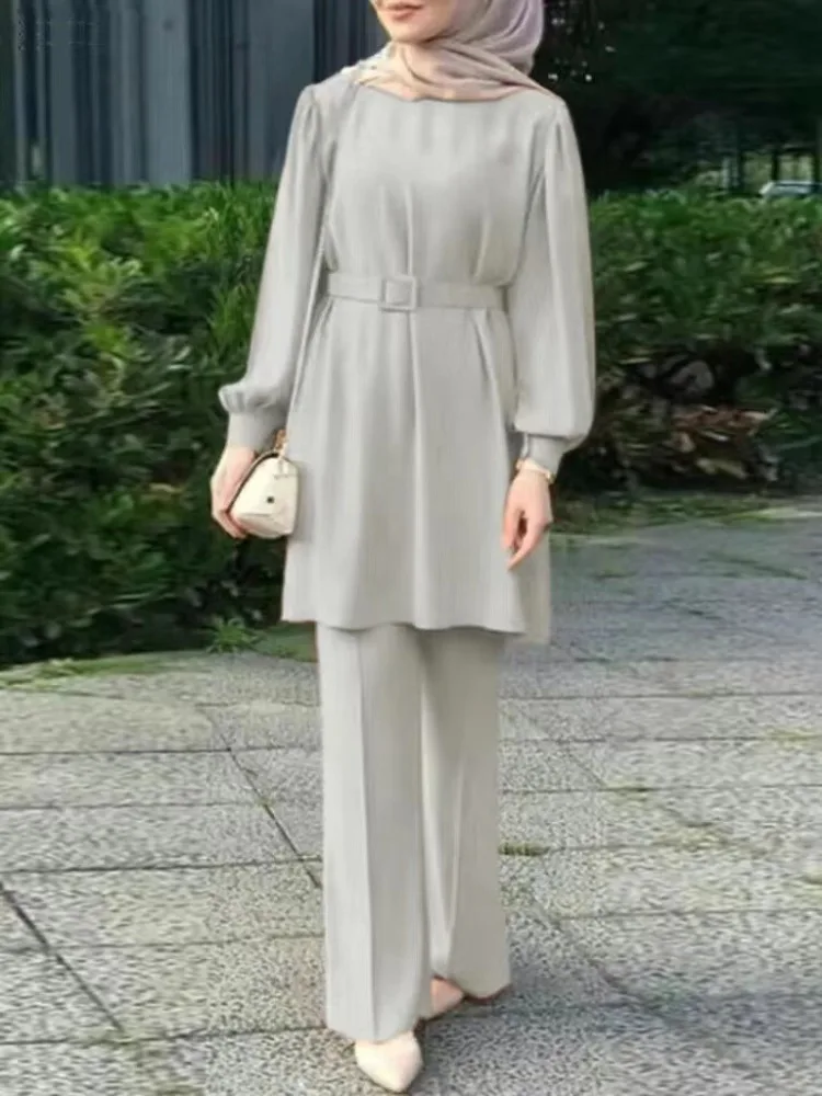 Middle East Turkey Muslim Sets for Women, Round Neck, Long Sleeve Abayas, Belt Elastic Waist Jacket and Trousers, New, 2022 – Image 5