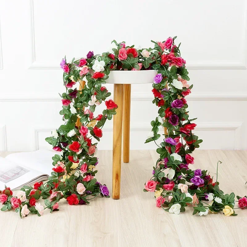 Vine Hanging Silk Artificial Rose Flowers for Wall Fake Plants Leaves Garland Romantic Wedding Home Decoration – Image 2