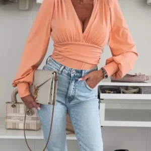 Urban Bodysuit Women 2025 Spring Solid Color Plunge V-Neck Lantern Sleeve Ruched Blouse Casual Slim Fit Daily Bodysuit Y2K Top