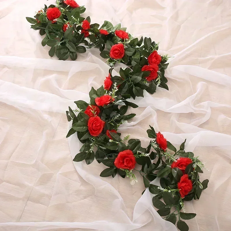 Vine Hanging Silk Artificial Rose Flowers for Wall Fake Plants Leaves Garland Romantic Wedding Home Decoration – Image 4