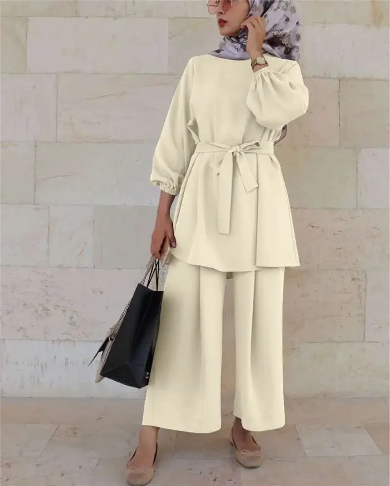 Ramadan Muslim Set Long Sleeve Belted Casual 2 Piece Suit Women Islam Clothing Turkey Dubai Abaya Kaftan Dress Outfits Tops Pant – Image 6