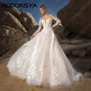 RODDRSYA Customized Beach Backless Lace Wedding Dress 2025 Bride Flowers A-Line vestidos de novia Luxury Bridal Gown Long Sleeve