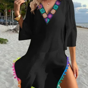 Women's Beach T-Shirt 2025 Spring Summer Latest Tribal Print Three Quarters Side Slit Lace Hem Cover Ups Vacation Top Blouses
