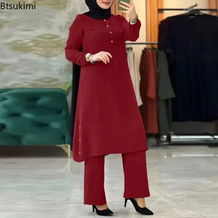 Arab Women Blouse Muslim Fashion Matching Sets Women's Elegant Tracksuit Casual Solid Shirt+Wide Leg Pants Suit Modest Clothing – Image 2