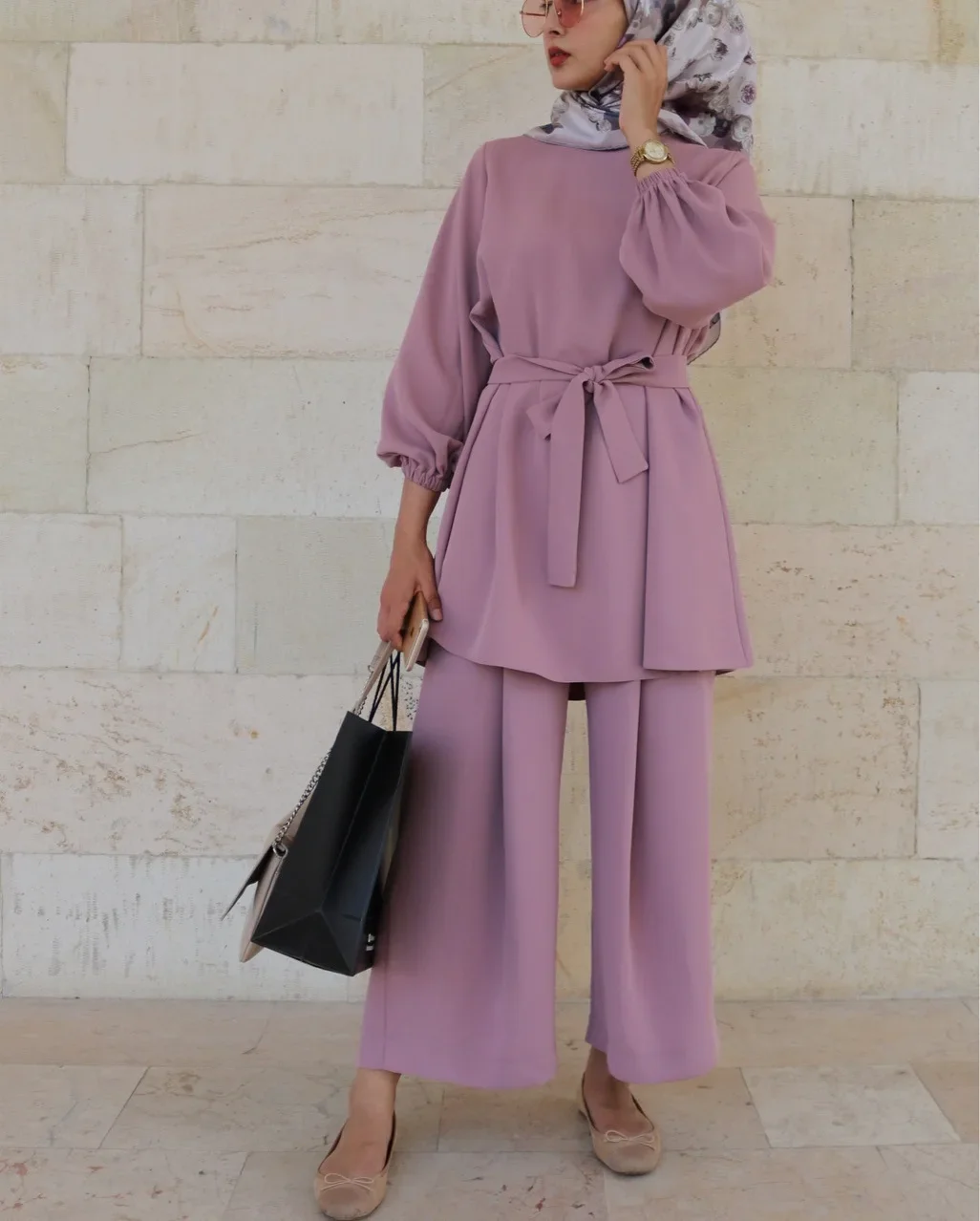 Ramadan Muslim Set Long Sleeve Belted Casual 2 Piece Suit Women Islam Clothing Turkey Dubai Abaya Kaftan Dress Outfits Tops Pant – Image 2