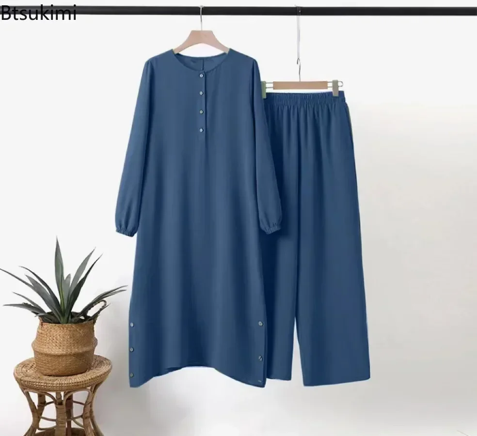 Arab Women Blouse Muslim Fashion Matching Sets Women's Elegant Tracksuit Casual Solid Shirt+Wide Leg Pants Suit Modest Clothing – Image 6