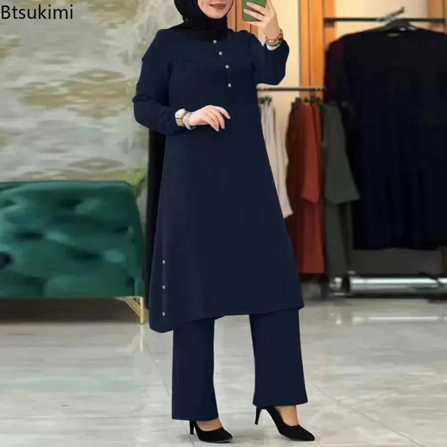 Arab Women Blouse Muslim Fashion Matching Sets Women's Elegant Tracksuit Casual Solid Shirt+Wide Leg Pants Suit Modest Clothing – Image 3