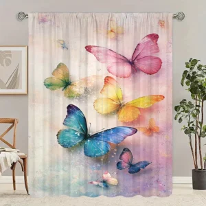 2Pcs- Colorful Butterfly - Printed curtain -100% polyester material, suitable for bedroom curtains and living room decoration.