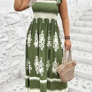 Women's Dress 2025 Plus Size Floral Print Square Neck Ruffles Spaghetti Strap Maxi Dress Casual Smocked Flowy A Line Long Skirt