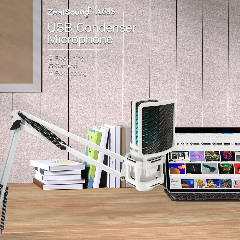 Zealsound RGB USB Gaming Microphone With Articulated Arm,White Computer Condenser Mic For PC Mac Recording Podcasting Streaming – Image 3