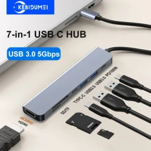 USB C HUB 7-in-1 Type C to HDMI 4K30Hz USB Docking Station PD100W SD&TF USB 3.0 5Gbps USB C Splitter for PC MacBook Laptop