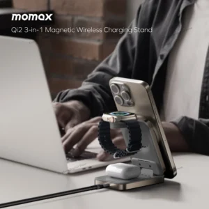 MOMAX 3-in-1 Foldable Qi2 15W Magnetic Wireless Charging Stand Fast Charging Station for iPhone AirPods Apple Watch
