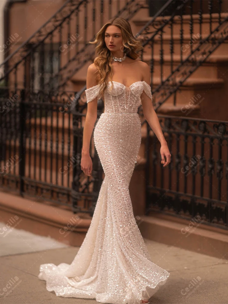 Luxury Wedding Dresses Glitter Bridal Gowns Sequin Appliques Off The Shoulder Mermaid Sexy Vestidos De Novia Customized 2025 – Image 3
