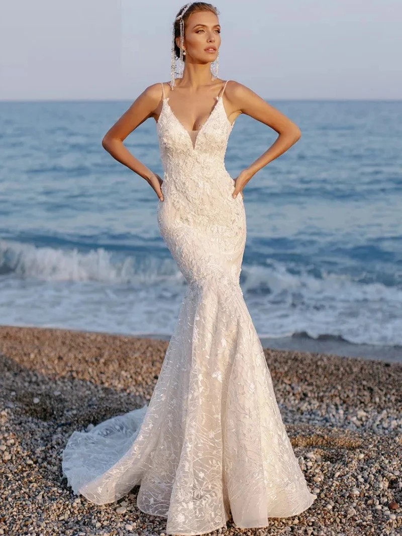 Luxury Wedding Dresses V-Neck Backless Mermaid Sexy Bridal Gowns Lace Appliques Robes 2025 Vintage Customized Vestidos De Novia – Image 2