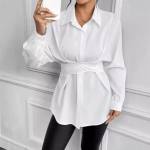 Basic Women Shirt Casual Tops Blouses Long Sleeve Shirts Slim Fit Single Breasted Top Elegant Solid Lace-up Slim Fit Blouse 2025
