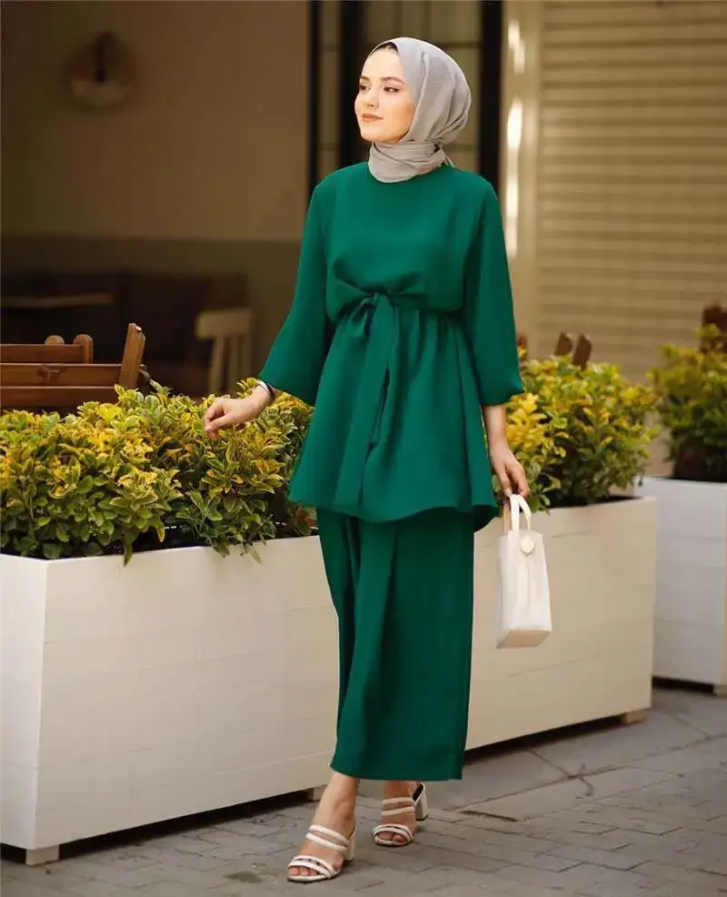 Ramadan Muslim Set Long Sleeve Belted Casual 2 Piece Suit Women Islam Clothing Turkey Dubai Abaya Kaftan Dress Outfits Tops Pant
