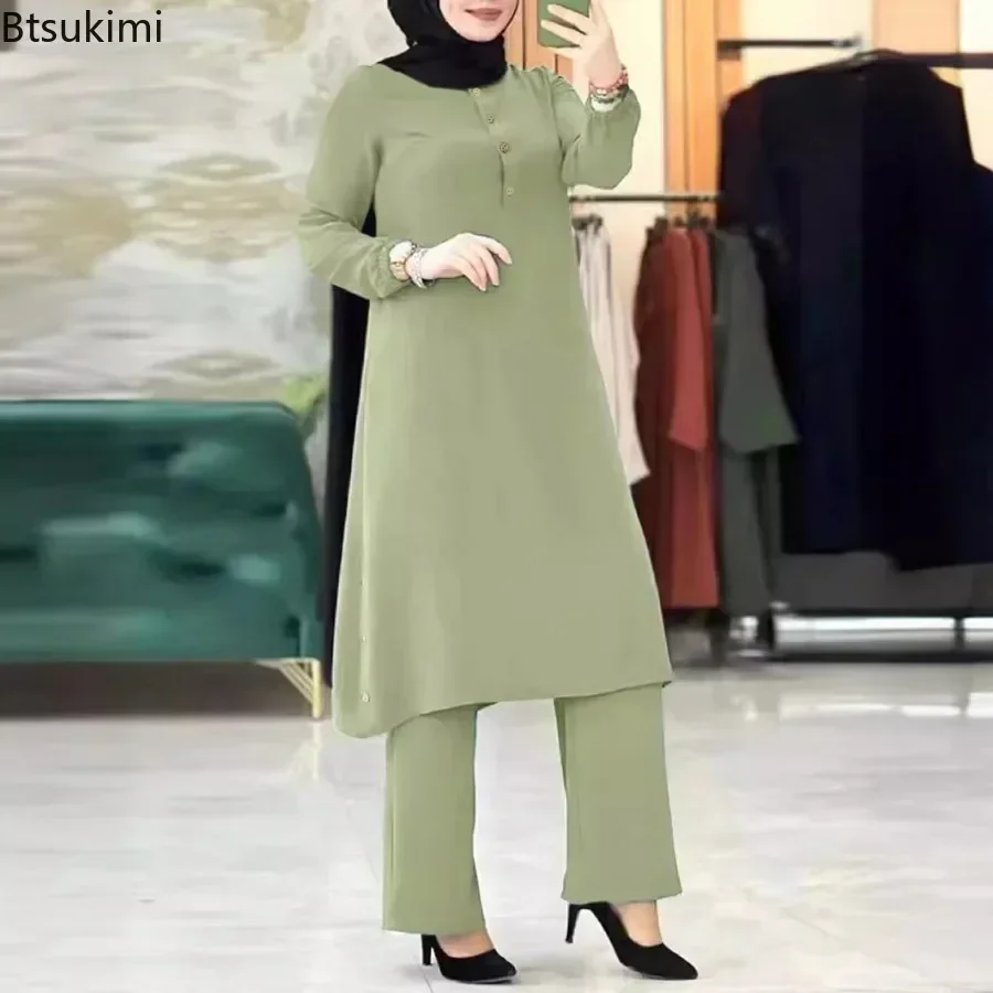 Arab Women Blouse Muslim Fashion Matching Sets Women's Elegant Tracksuit Casual Solid Shirt+Wide Leg Pants Suit Modest Clothing – Image 4