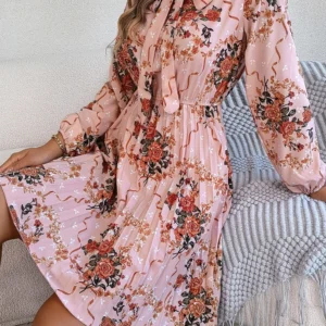 Women's Chiffon Dress 2025 Autumn Winter Latest V-Shaped Collar Elegant Flower Strap Waist Long Sleeve Mini Dress Ruffle Skirt