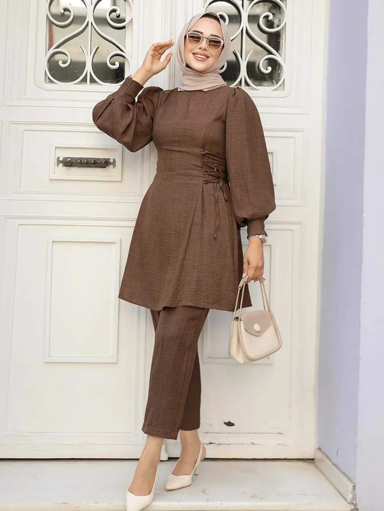 2 Piece Set for Muslim Women Long Sleeve Lace Up Tops and Pants Sets Turkey Abaya Islamic Solid Outfits Arab Kaftan Tracksuit – Image 6