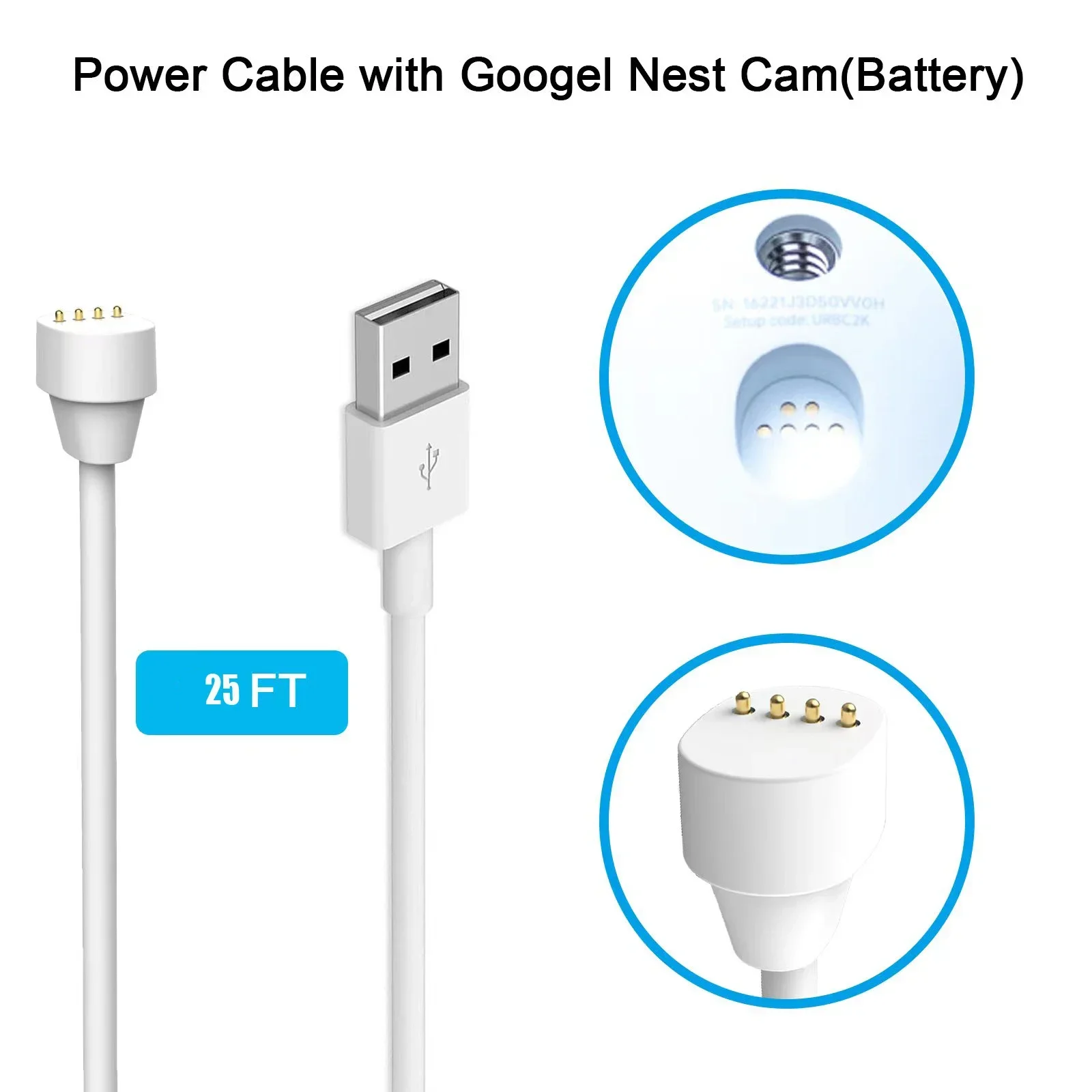 25ft/7.6m Weatherproof Charge Cable for Google Nest Cam camera (battery) outdoor (White) – Image 2